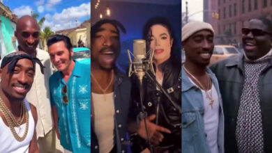 Images of people resembling Tupac Shakur, Kobe Bryant, Elvis Presley, Michael Jackson, and The Notorious B.I.G., smiling and interacting.