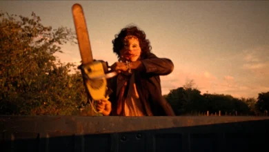 A person in a mask wielding a chainsaw stands behind a barrier at sunset, with trees in the background.