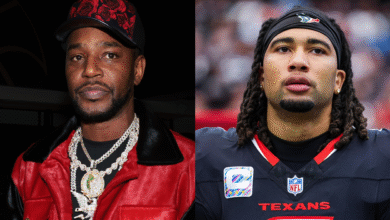 Cam'ron in a red jacket and cap, wearing chains, next to C.J. Stroud in a Texans football uniform.