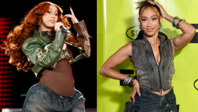 Cardi B performing in a green jacket, and BIA posing in a sleeveless top at an event.