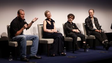 (L-R) Channing Tatum, Kirsten Dunst, Peter Dinklage and Derek Cianfrance speak onstage during the "Roofman" New York Special Screening at the Crosby Street Hotel on September 08, 2025, in New York, New York.