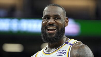 LeBron James looks on smiling, while on the court.