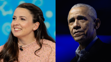 Two people side by side: A woman smiling in a pink top, and Barack Obama with a serious expression in a dark suit.