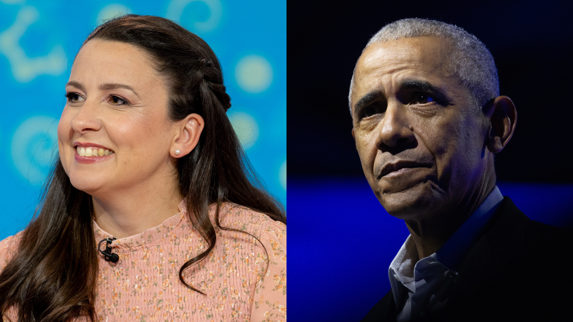 YouTube Star Ms. Rachel Criticizes Barack Obama Over Gaza... 1 Two people side by side: A woman smiling in a pink top, and Barack Obama with a serious expression in a dark suit.